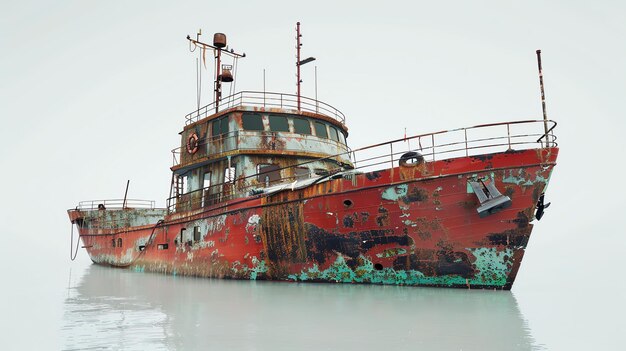 Foto viejo barco oxidado y abandonado, dañado por el tiempo.