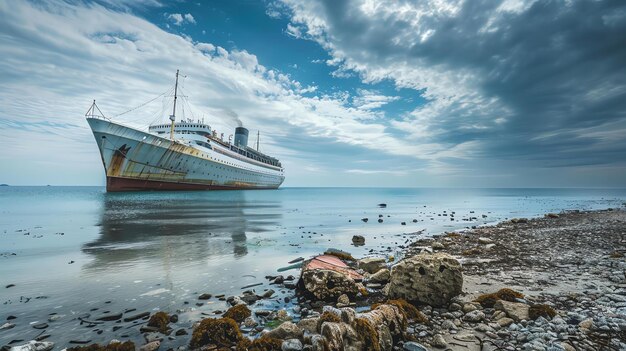 Un viejo barco oxidado abandonado se sienta en la orilla rocosa de una playa el cielo está nublado y el agua está tranquila