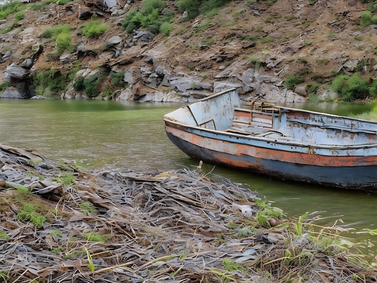 Viejo barco de pesca oxidado en la pendiente a lo largo de la costa