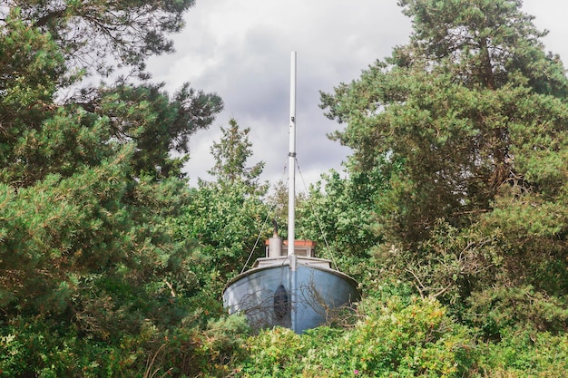 Viejo barco pesquero abandonado en el bosque