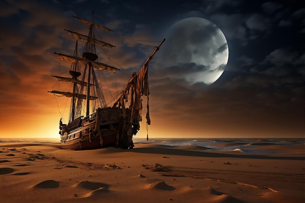 viejo barco de vela de madera varado en medio del desierto del Sáhara 3 a la media luna de medianoche