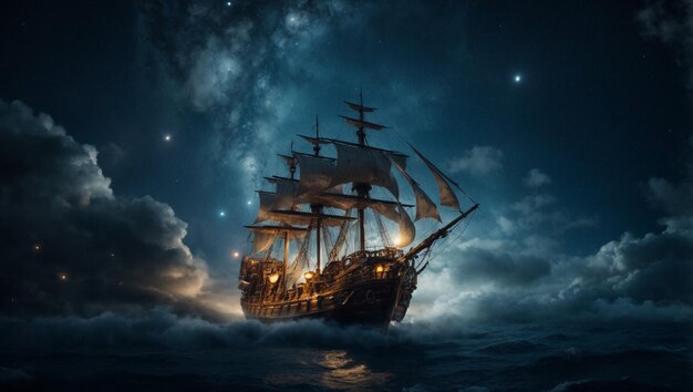 Viejo barco volador en las nubes tormentosas Viejo barco flotante en las nubles oscuras tormentosas
