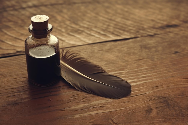 Viejo bolígrafo de pluma con tinte en un escritorio de madera Foto sepia de estilo vintage