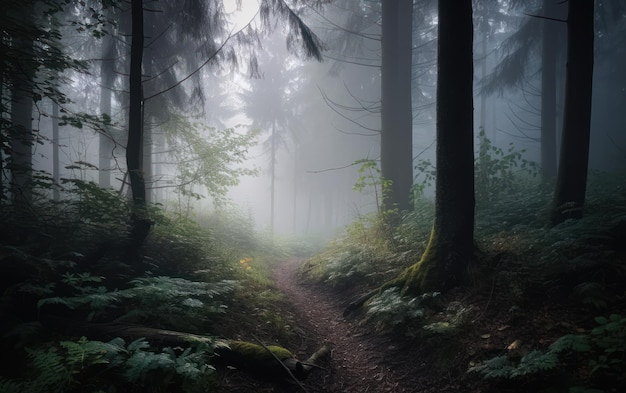 Viejo bosque con un camino y en la niebla.