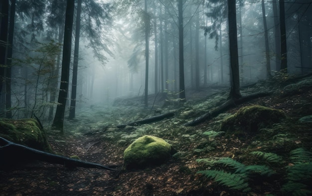 Viejo bosque con un camino y en la niebla.