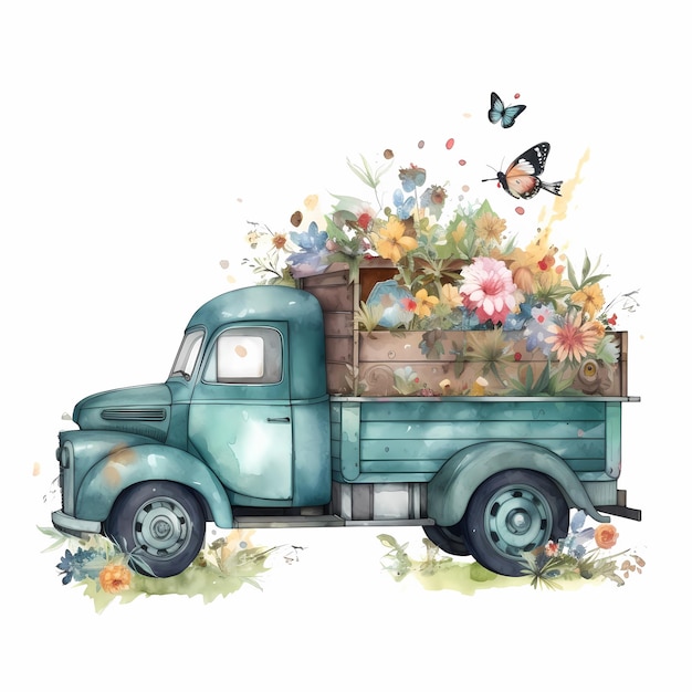 Un viejo camión azul con flores y pájaros en él