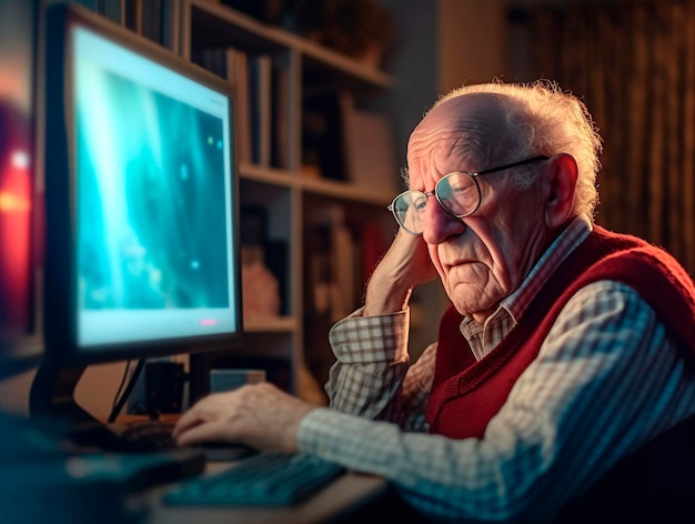 Un viejo cansado, resignado y preocupado se sienta frente a una computadora