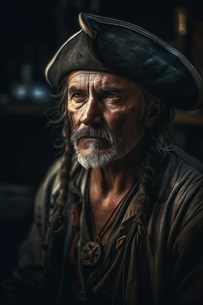 Viejo capitán pirata disfrazado y con sombrero en un barco medieval IA generativa