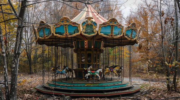 Foto un viejo carrusel abandonado se encuentra en un bosque el carrusel está rodeado de árboles y hojas caídas