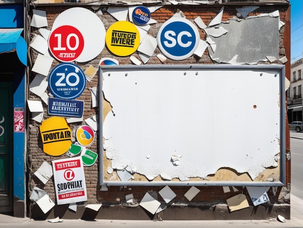 Foto viejo cartel urbano de la calle con carteles y pegatinas blancas