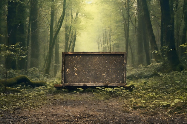 Foto viejo cartel vacío en un bosque misterioso estilo retro tonificado