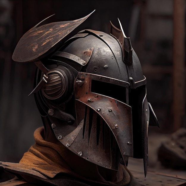 Un viejo casco de hierro que evoca el miedo casco de bandido