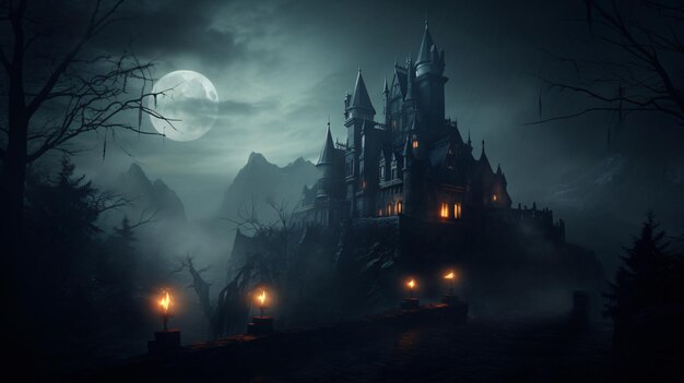 El viejo castillo gótico espeluznante noche de niebla