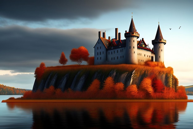 Viejo castillo en ruinas en el lago Cielos fríos y oscuros Ilustración de otoño en 3D