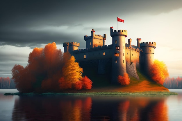 Viejo castillo en ruinas en el lago Cielos oscuros y fríos otoño ilustración 3d