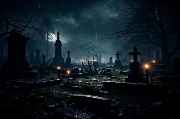 Viejo cementerio oscuro por la noche Cementerio aterrador con tumbas Cementerio frío