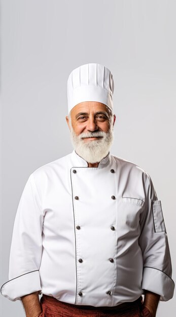 Viejo chef con retrato de barba con delantal y sombrero