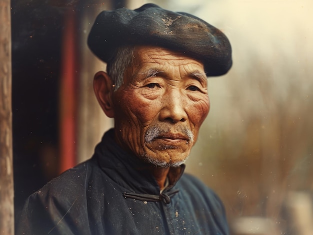 Viejo chino fotorrealista con ilustración vintage de cabello lacio castaño