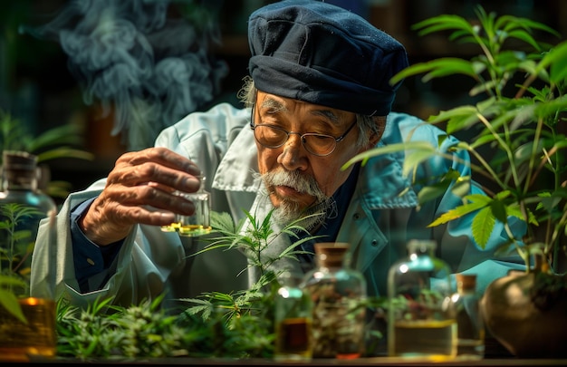 Un viejo científico fumando un porro y trabajando en su laboratorio.