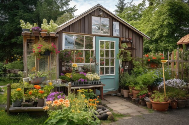 Un viejo cobertizo con un nuevo invernadero adjunto lleno de coloridas flores