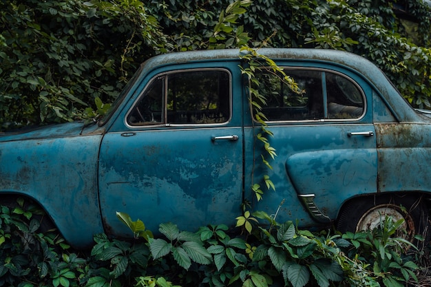 El viejo coche abandonado estaba cubierto de vegetación.