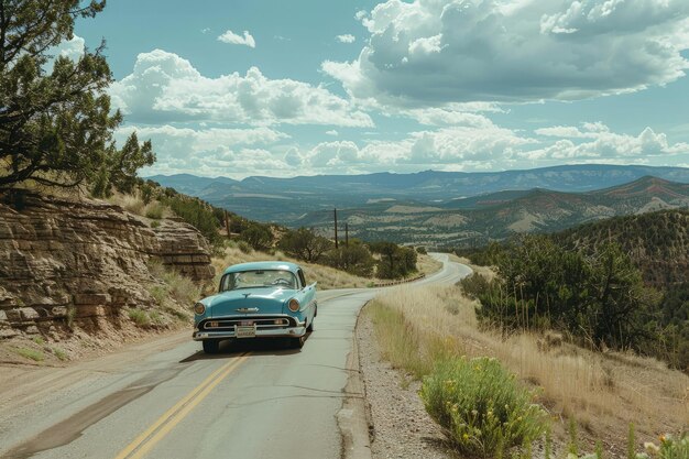 Un viejo coche conduciendo por una carretera en las montañas