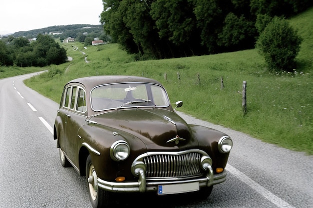 Foto viejo coche europeo conduciendo por una carretera rural