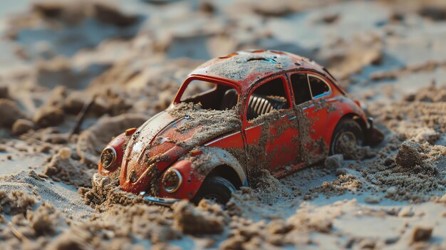 Un viejo coche de juguete rojo oxidado está medio enterrado en la arena el coche carece de su tapa y tiene un parabrisas roto