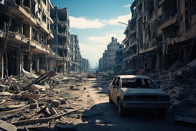 un viejo coche en el medio de una ciudad destruida con edificios y escombros por todas partes es un depósito de escombros