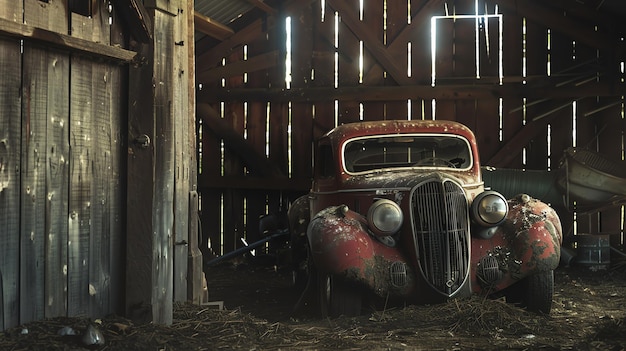 Foto viejo coche oxidado abandonado en un granero el granero está hecho de madera y tiene una gran puerta el coche está cubierto de polvo y telarañas