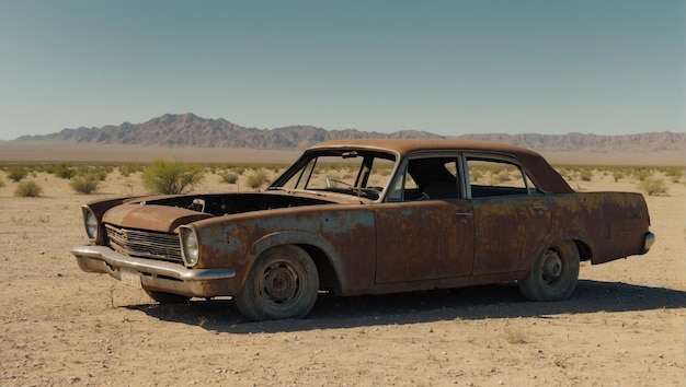 un viejo coche oxidado en el medio de un desierto