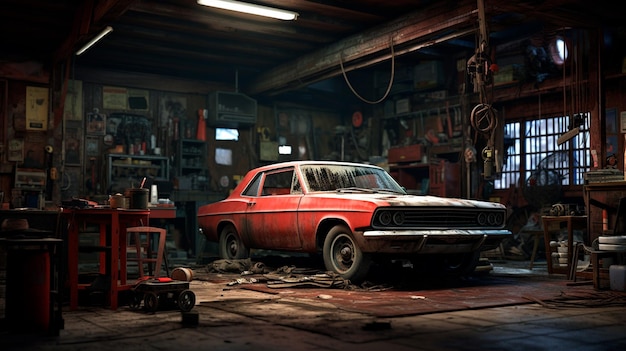 viejo coche retro en el taller con pintura roja y piezas sucias