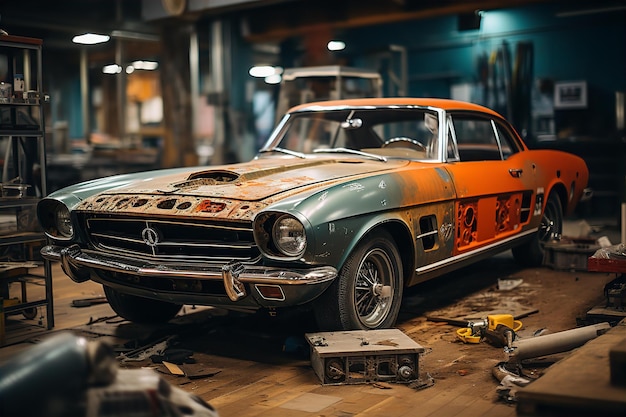 Foto viejo coche retro en taller de reparación de automóviles
