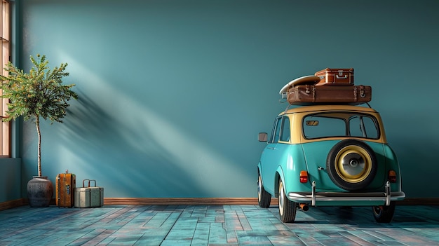 viejo coche de tiempo azul con tabla de surf y maletas en la parte superior frente al fondo de maqueta azul vacío