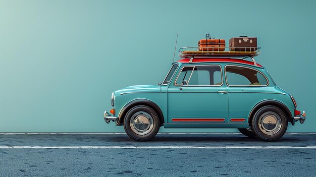 Foto viejo coche de tiempo azul con tabla de surf y maletas en la parte superior frente al fondo de maqueta azul vacío