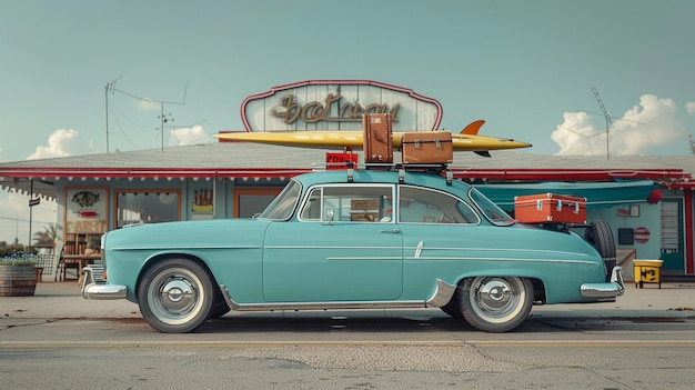 Foto viejo coche de tiempo azul con tabla de surf y maletas en la parte superior frente al fondo de maqueta azul vacío