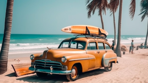 viejo coche vintage en la playa con un patineta de agua una hermosa palma ilustrador de IA generativa