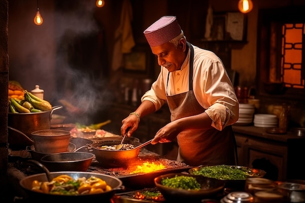 Viejo cocinero indio preparando comida en la cocina de un restaurante