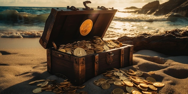 Foto viejo cofre de madera lleno de monedas de oro dinero alrededor de la caja en la arena mar de fondo ia generativa