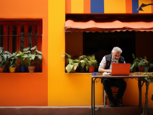 Viejo colombiano trabajando en una computadora portátil en un vibrante entorno urbano