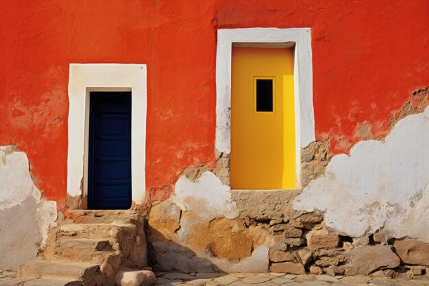 Viejo edificio de color rojo con puertas amarillas y púrpuras hermosa imagen de ilustración IA generativa