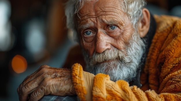 Foto viejo enfermo de barba gris abuelo hombre sentado solo en casa en el sofá con las manos en la rodilla teniendo una emergencia dolorosa articulación y lesión muscular