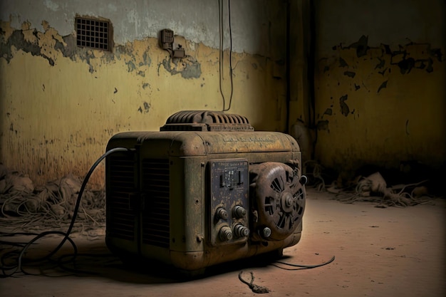 Viejo equipo de radio oxidado en búnker abandonado vacío