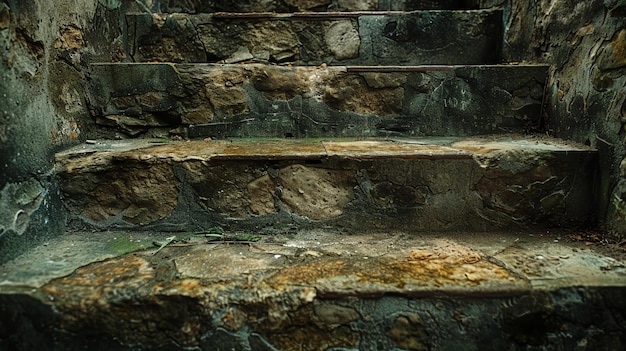 Viejo escalón de piedra con una textura áspera y un parche de musgo verde