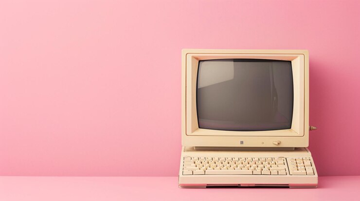 Foto viejo escritorio de computadora en fondo rosa
