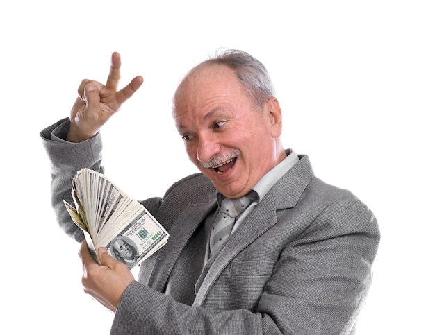 Viejo feliz con dinero