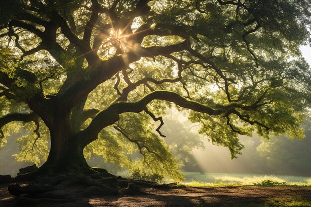 Foto el viejo follaje del roble en la luz de la mañana con la luz del sol