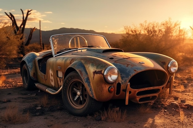 Un viejo Ford Cobra oxidado se encuentra en un entorno desértico.