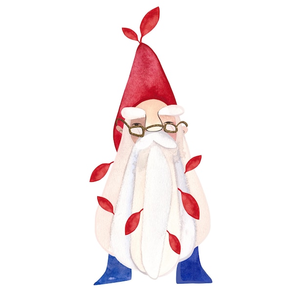 Un viejo gnomo con una gorra roja con hojas rojas de otoño enredadas en su barba Clipart Isolado