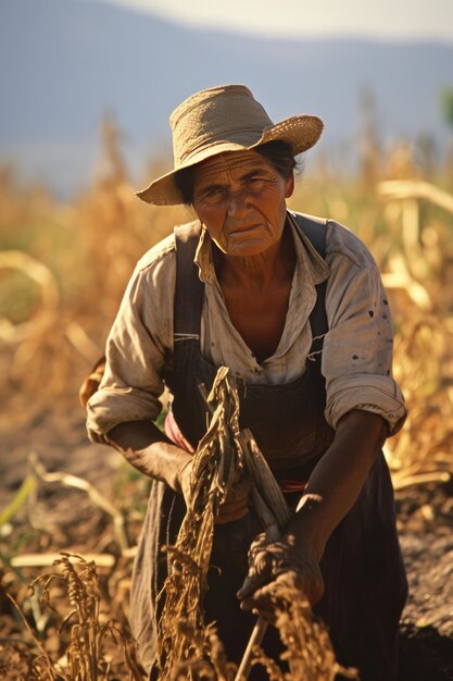 Foto viejo granjero mexicano cosechando en el campo